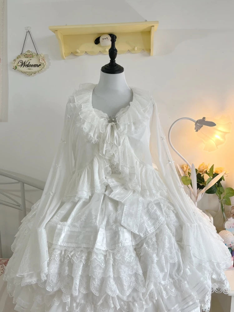 Mist Cardigan - Lightweight Sweet Lolita Bolero, Ruffle Details (White / L M S XL) 44496:810955