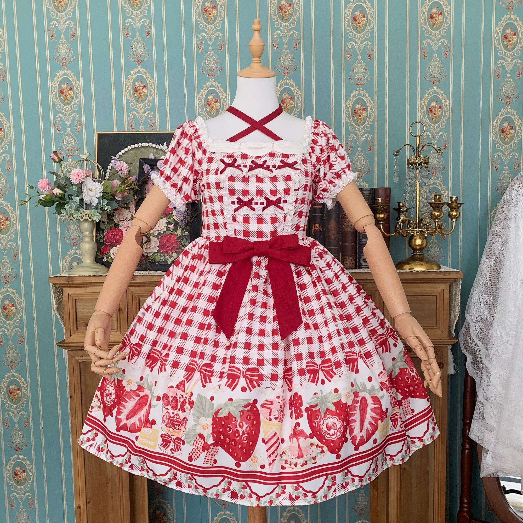 Chubby Cat Diary - Gingham Strawberry - Plus Size Country Lolita OP Dress Red OP Only S