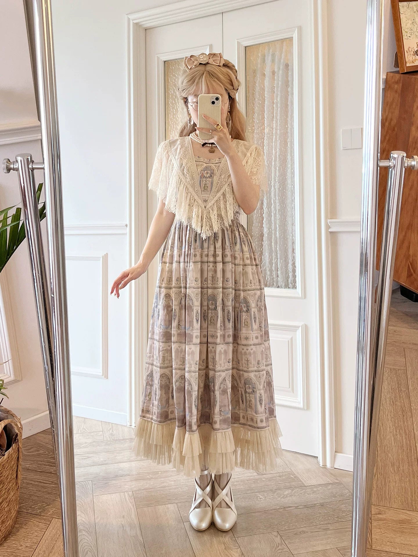 Reims Cathedral - Printed Classic Lolita Dress, Detachable Gauze Outlayer 44701:819209