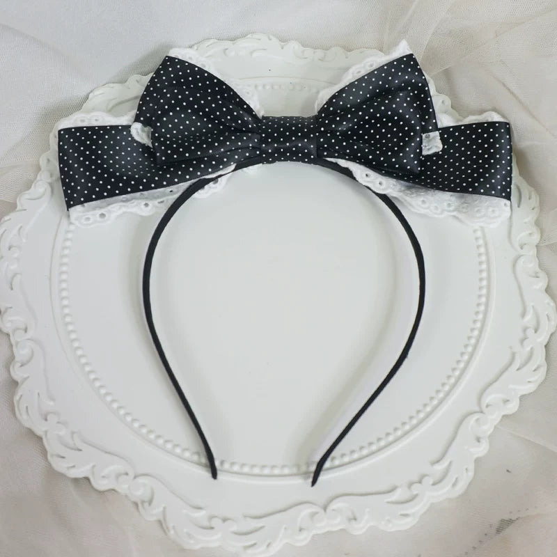 Polka Dot Lolita KC, Heart-shaped Decoration Black - Single Bow KC