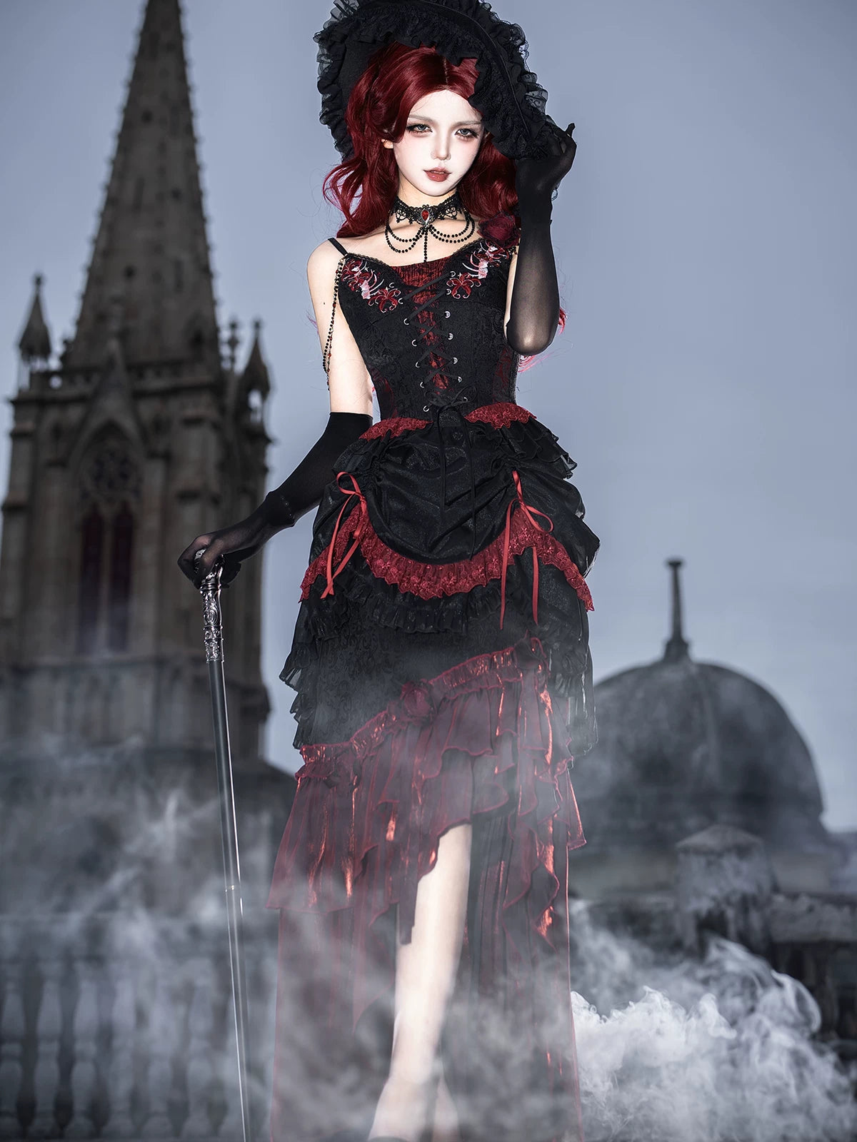 Bone Rot Bloom - Gothic Lolita Embroidered Camisole & Drawstring Lift-up Hem Skirt 45593:854849