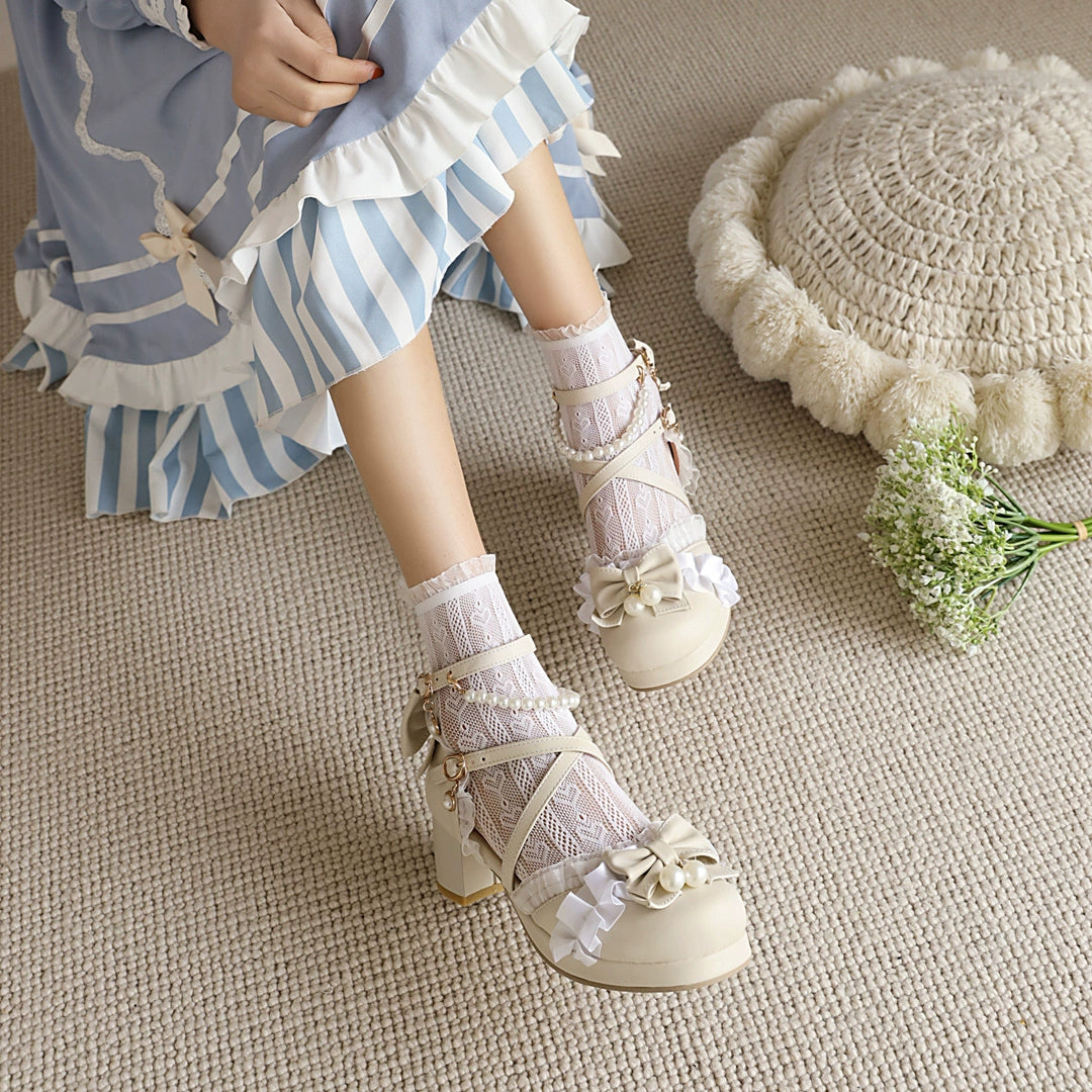 Yana - Chinese Style Yana - Plus size Qi Lolita Shoes Bow Pearl Lolita Sandal 30 Beige