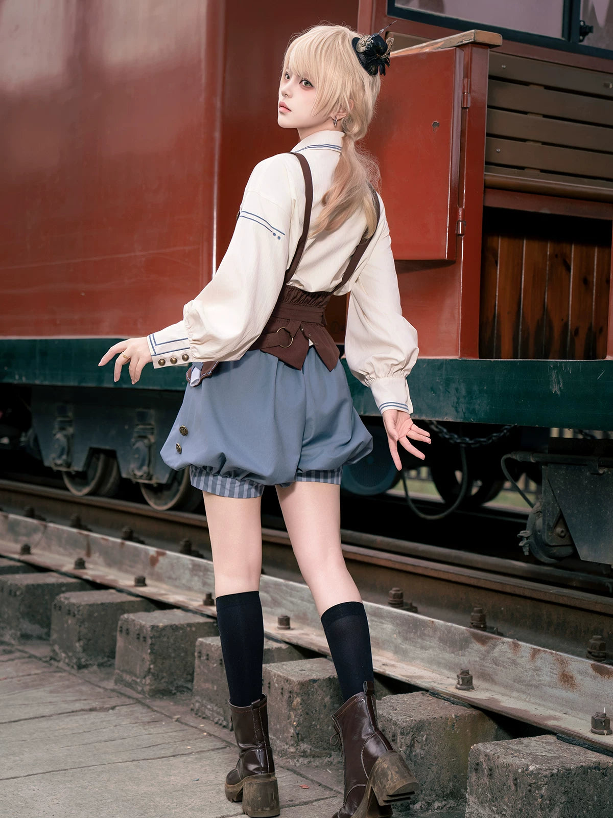 Poem of Wind & Compass - Ouji Lolita Blouse & Faux-Suspender Bloom Shorts Set 45919:868260
