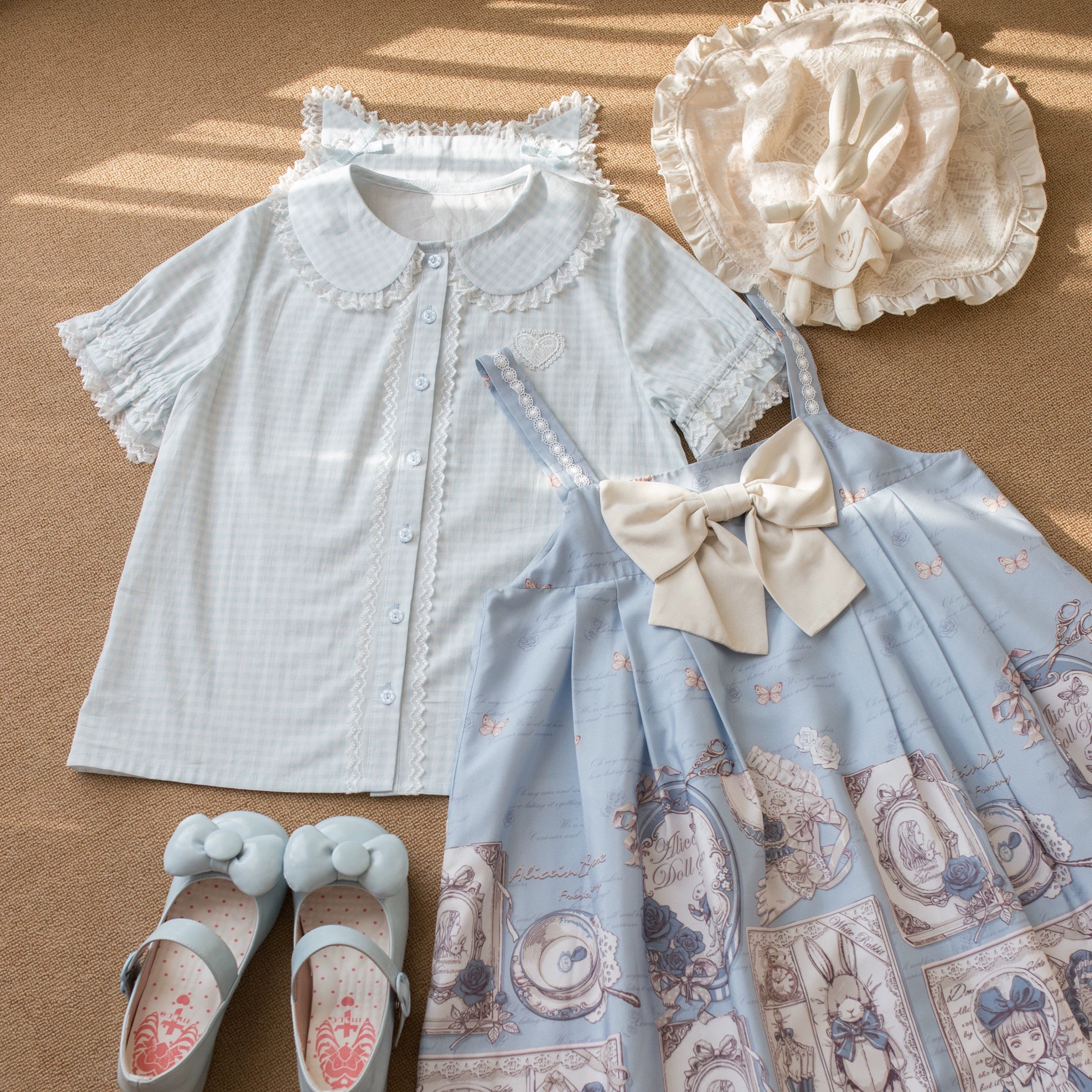 Kawaii Lolita Plaid Blouse With Cat Ear Peter Pan Collar Light-Blue Blouse Only S