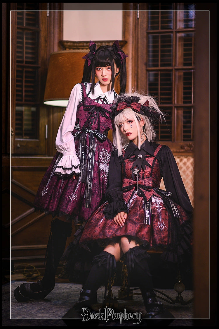 DuskProphecy - Coccyx - Elegant Lolita Dress High Waist Fishbone Print JSK Set 34722:466538