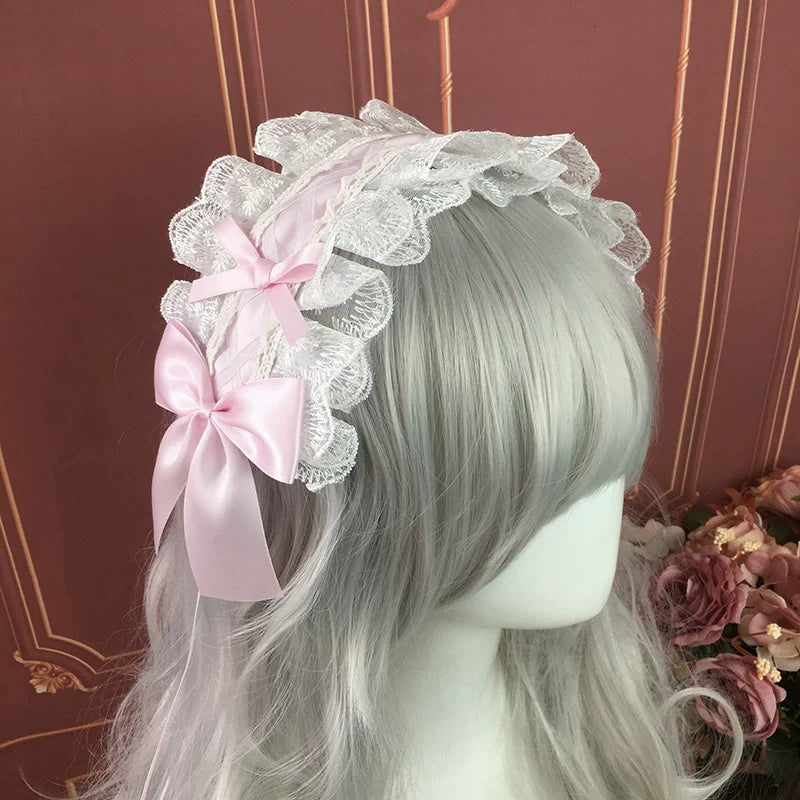 Sweet Lolita Lace Headbands, Ribbon & Bow White lace with light pink bow headband