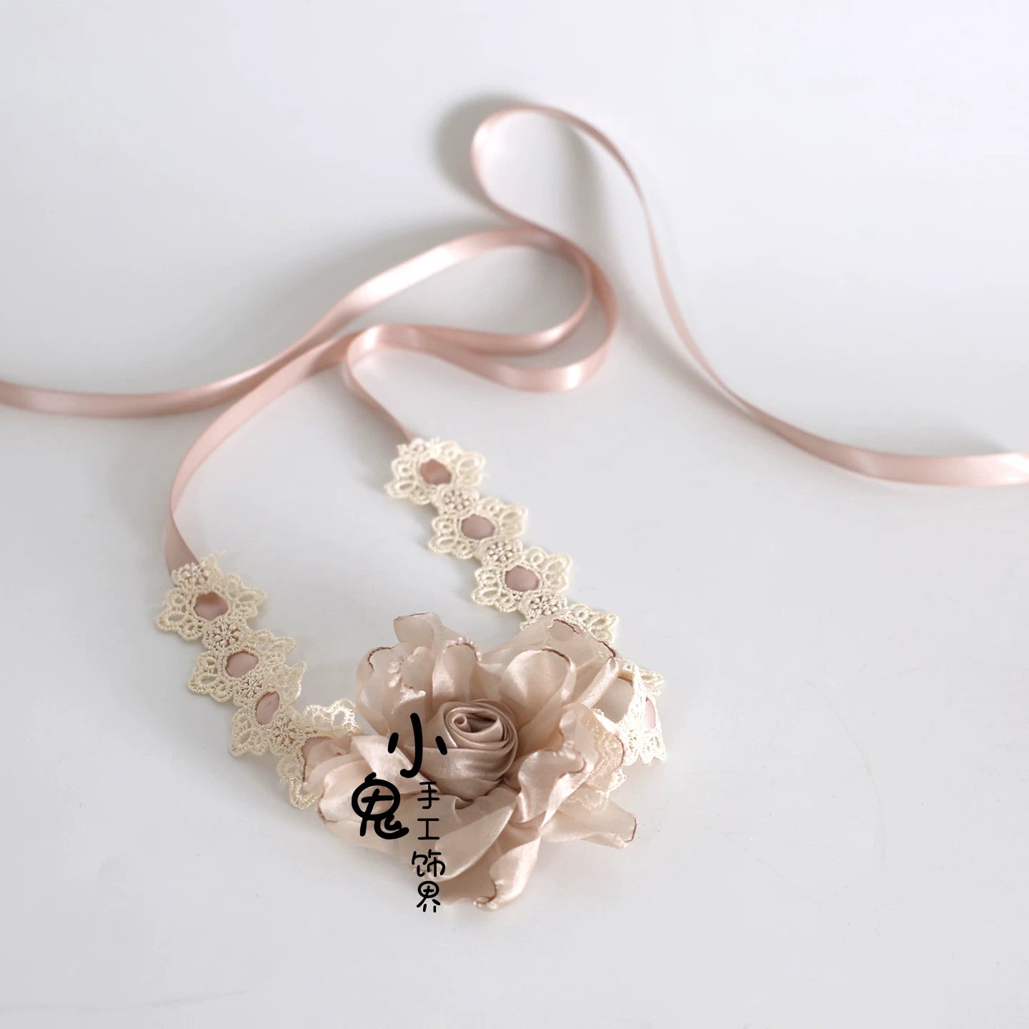 Elegant Champagne Lolita Headdress, Floral & Bows Apricot Floral Choker Only