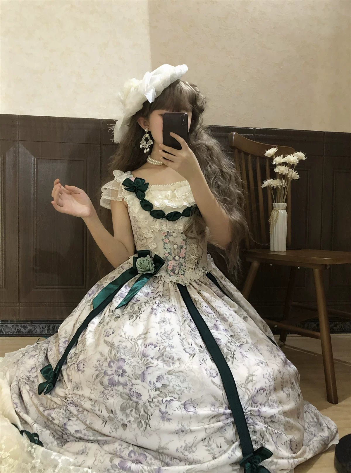 Dolota Flower Wall - Classic Lolita Floral OP Dress, Open Shoulder 44485:811232