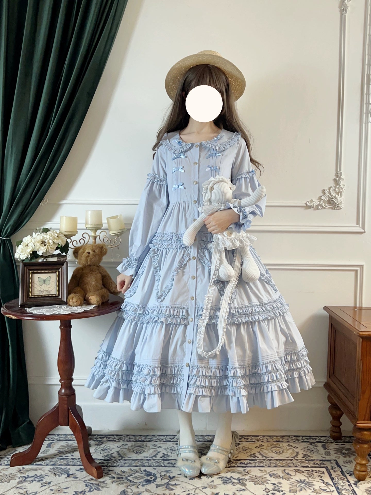 Bunny Magic Forest - Loving Bunny - Elegant Lolita Long Sleeve Trapeze OP, Tiered Skirt (Blue / L M S XL / OP) 44362:806277