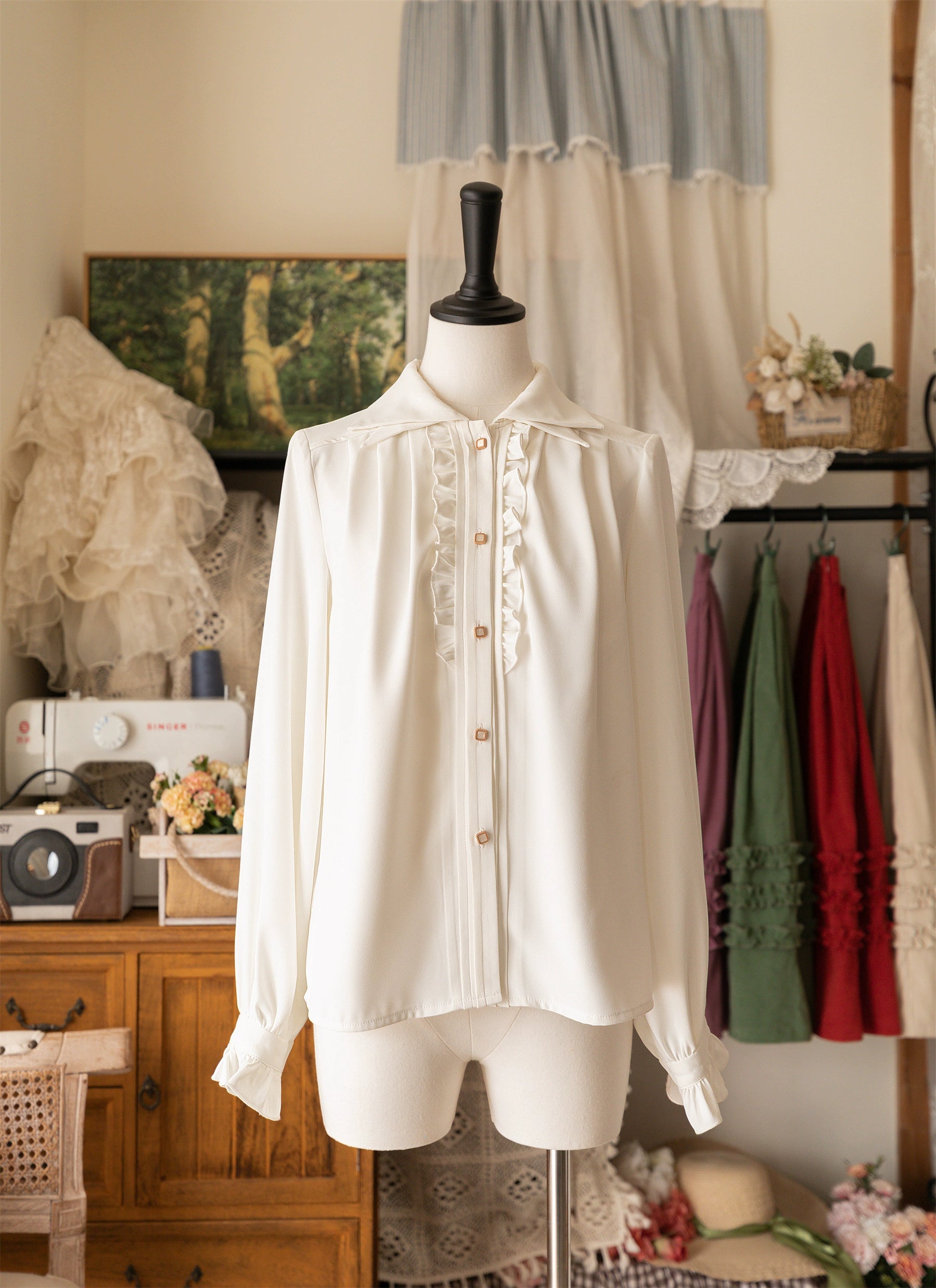 Forest Wardrobe - Forest Basket - Elegant Lolita Shirt Retro Dual Collar Versatile Shirt S White