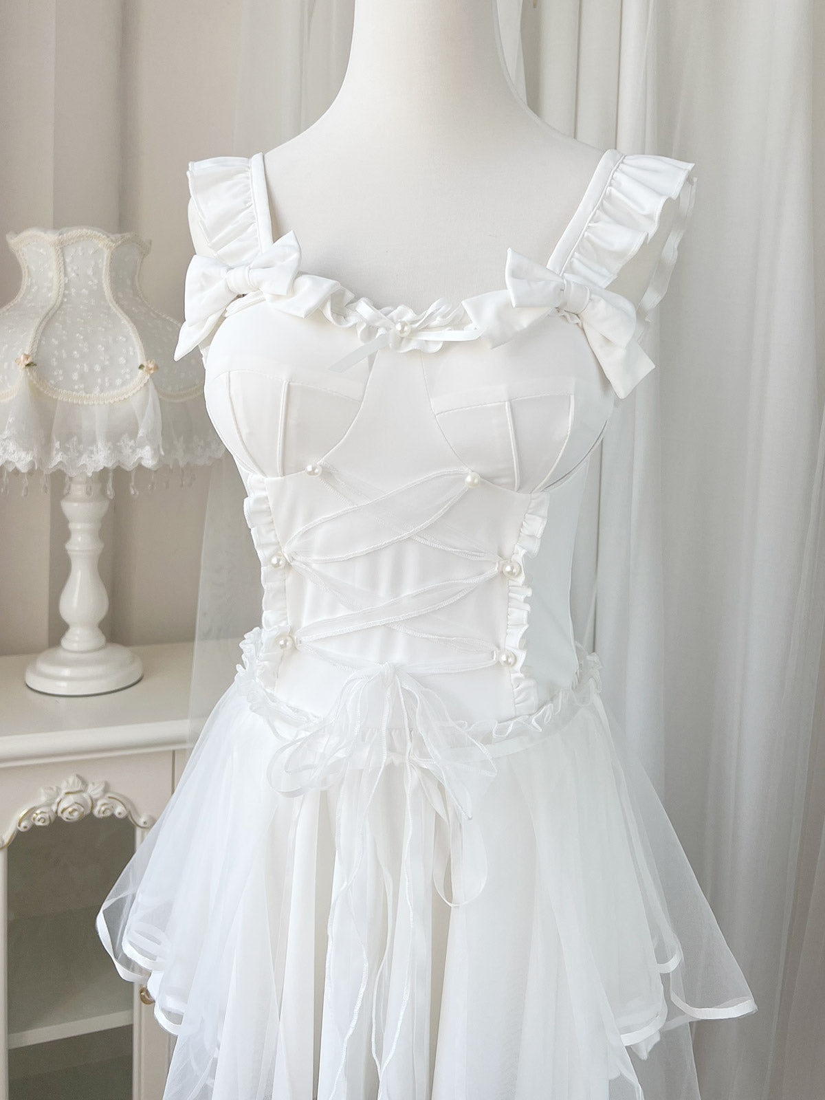 Your Princess - White Lolita Inspired Swimsuit with Pearls and Tulle Overlay