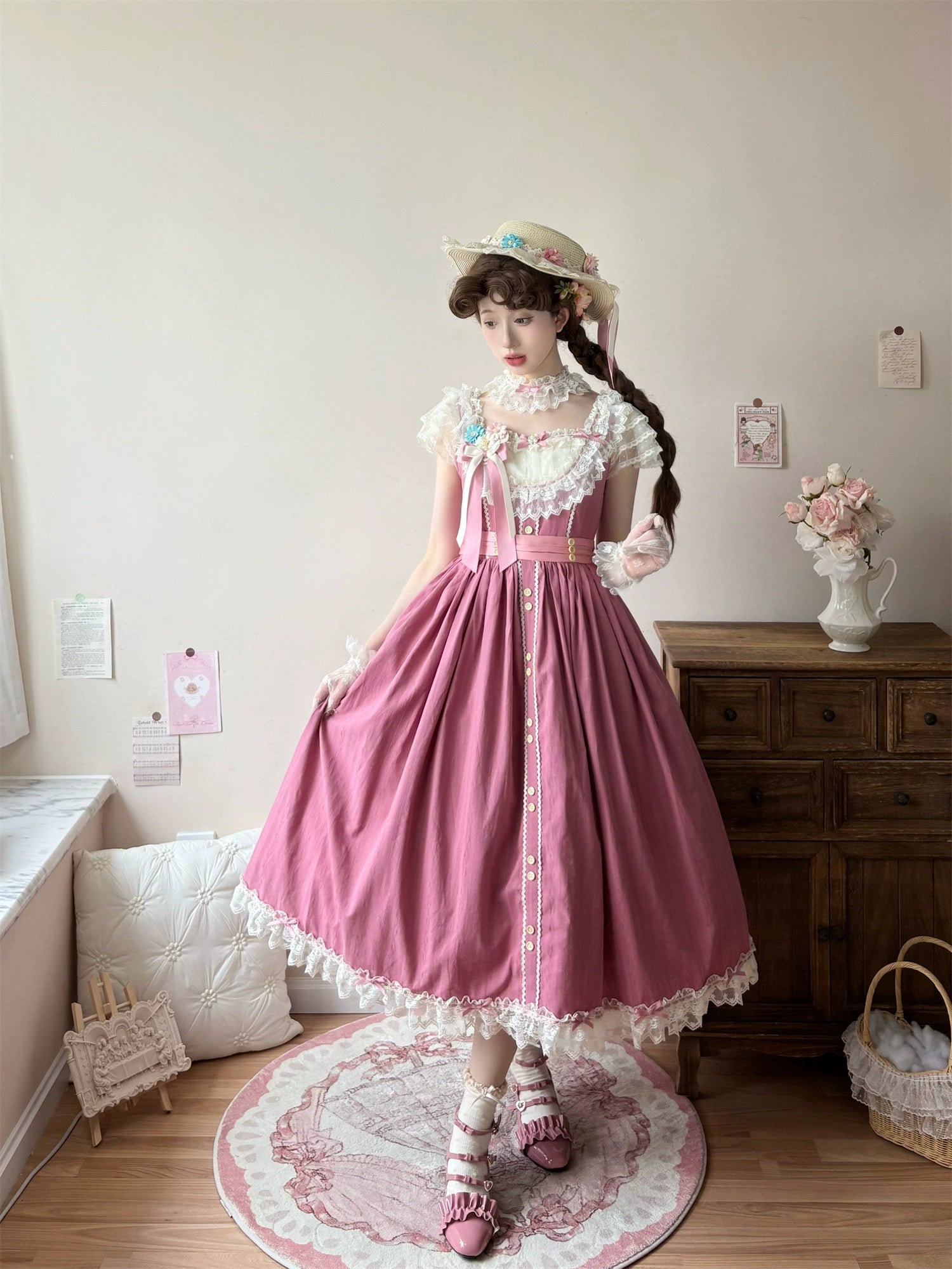 Uncle's Workshop - Fluttering Cherry Spring Strings - Cotton Sweet Lolita JSK Dress Long - Rose Pink - JSK Only (dress+waist tie) S