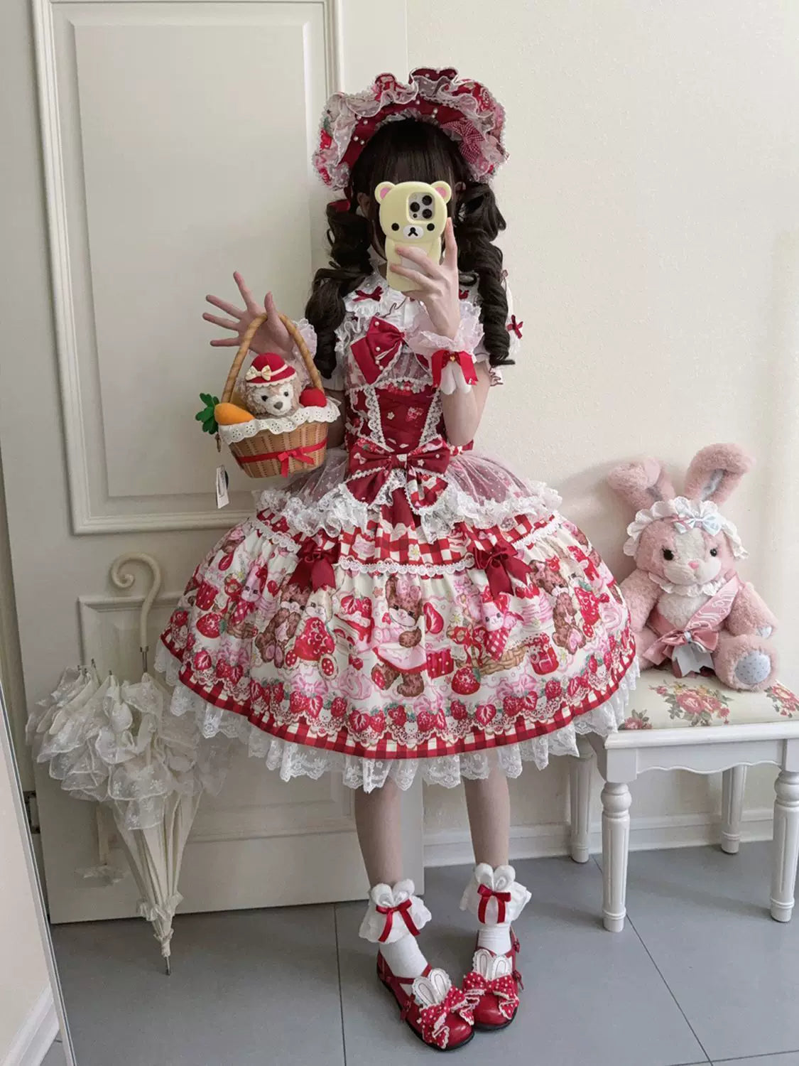 SweetBerry Bunny Bear - Sweet Lolita Tiered Lace JSK Dress, Strawberry and Bear Print