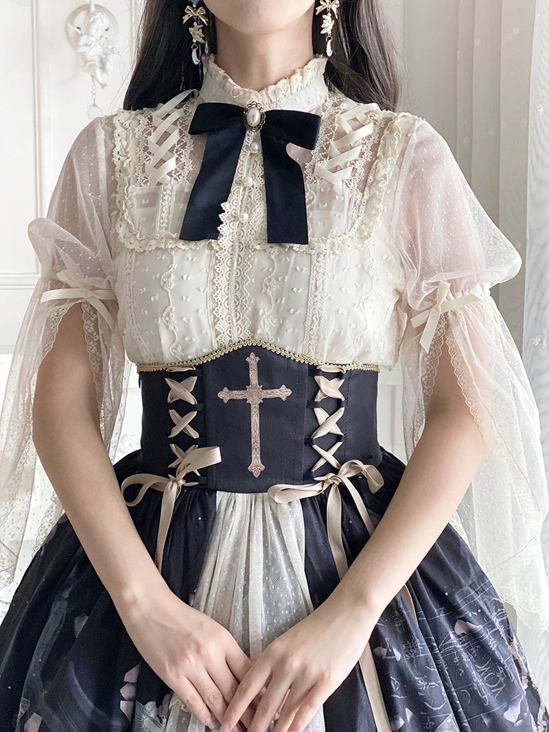 Clock Butterfly - Gothic Lolita Printed Blouse and Corset Skirt Set Blouse + Camisole (with a bow tie) S