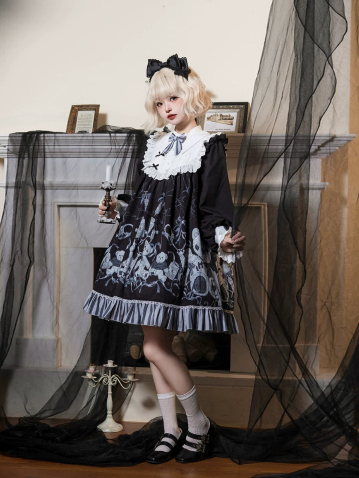 Bandage Bear - Gothic Lolita Long-Sleeve OP Dress, Teddy Bear Print 45908:867387