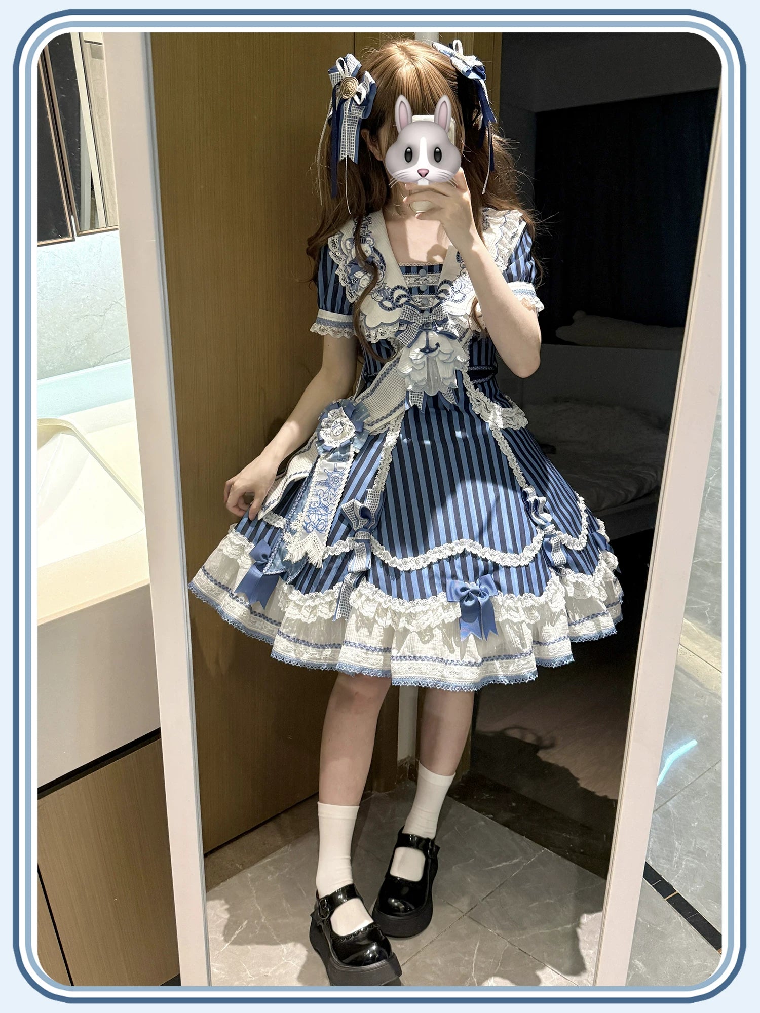 Antique Naval Bear - Striped Classic Lolita Sailor Collar OP, Bear Embroidery 45518:853971