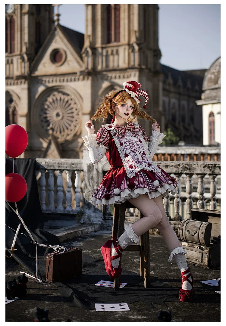 Puppet Mask - Clown Inspired Gothic Lolita OP Dress, Loose Fit 44409:807154