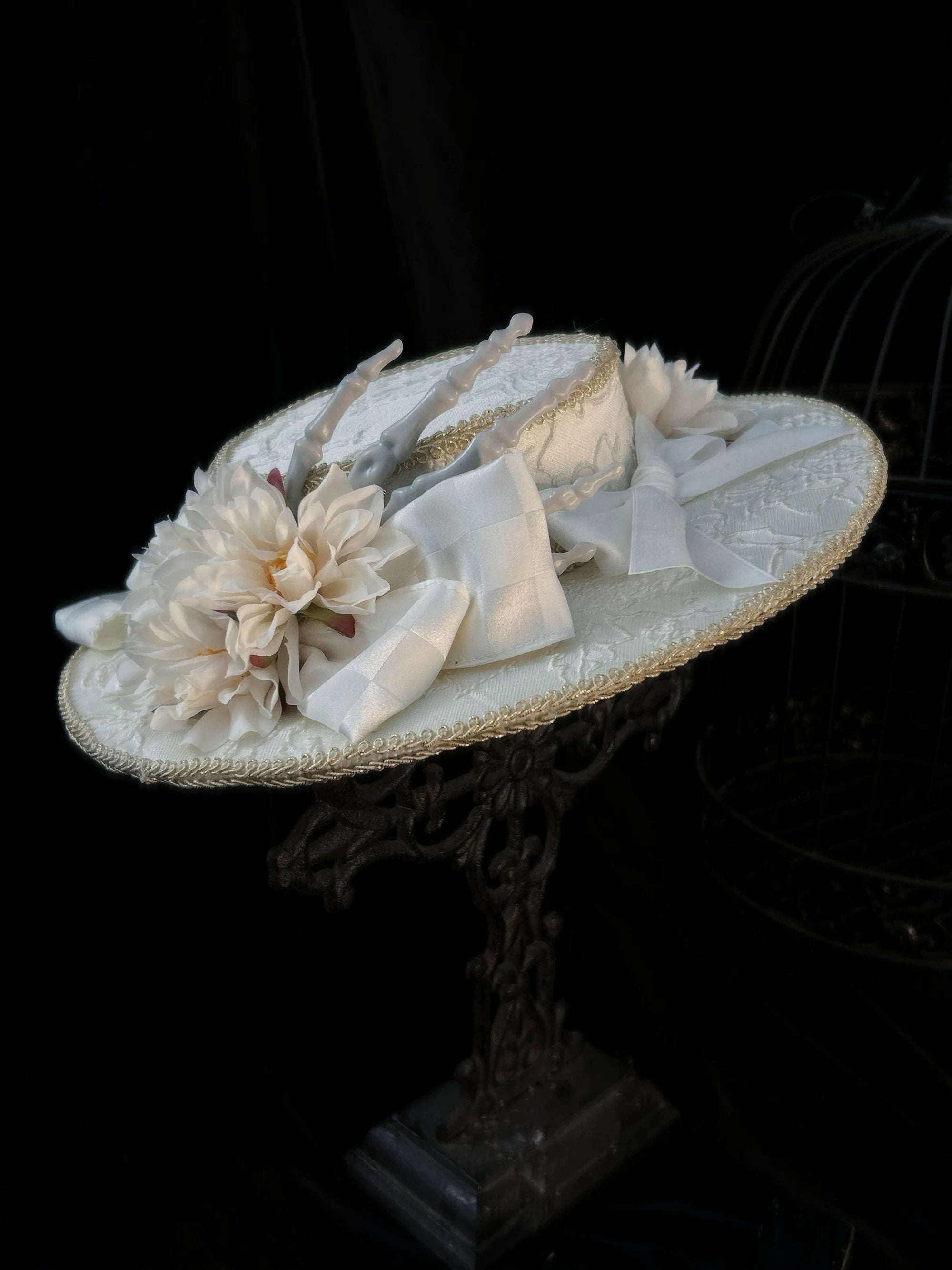 Genesis and Armageddon - Gothic Lolita Accessory, Skeleton Hand Decoration White - Wide-brim Hat One Size