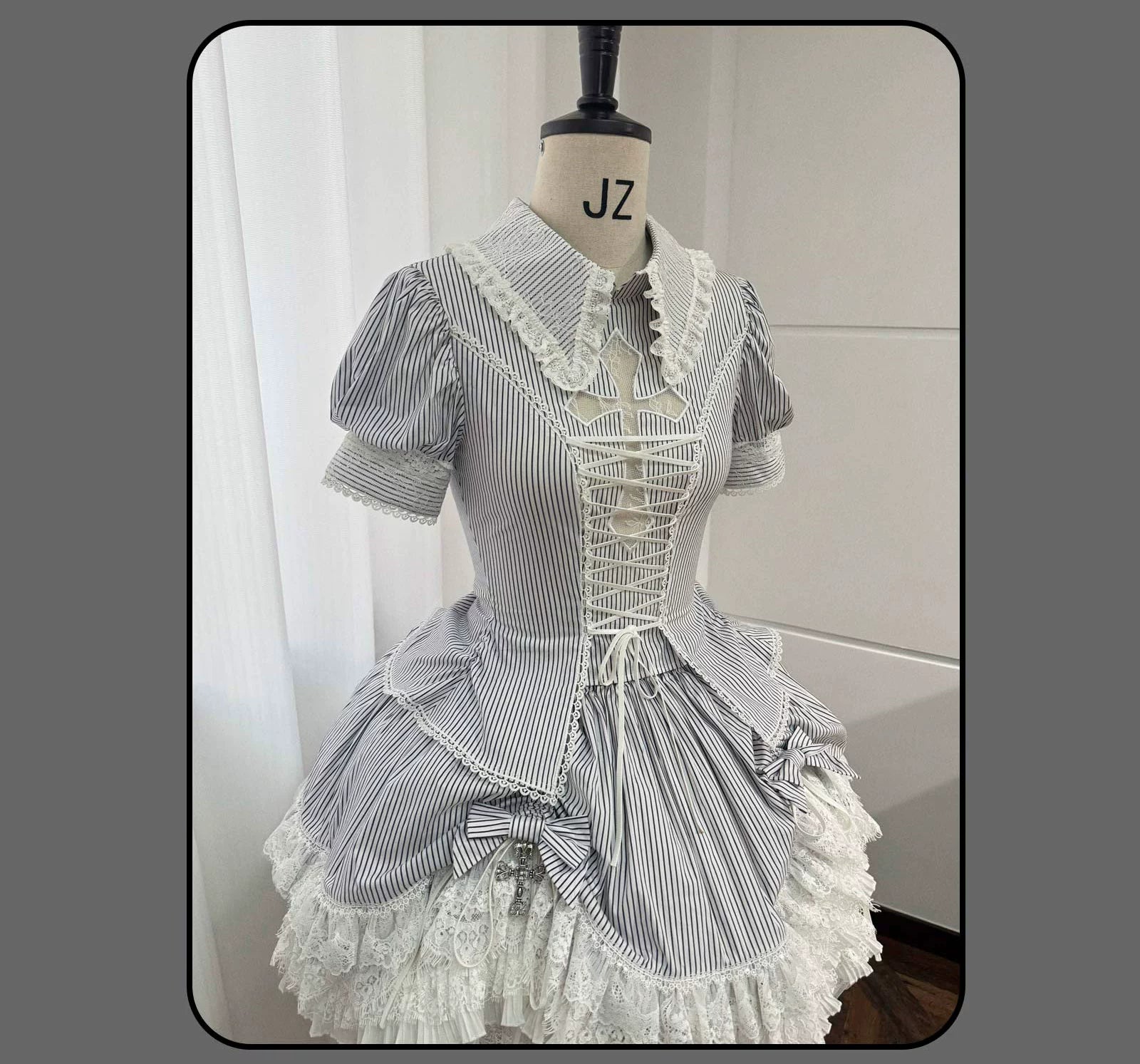 Susin Lolita - Striped Cross - Gothic Coordinated Lolita Set, Adjustable Blouse & Skirt 43331:773931