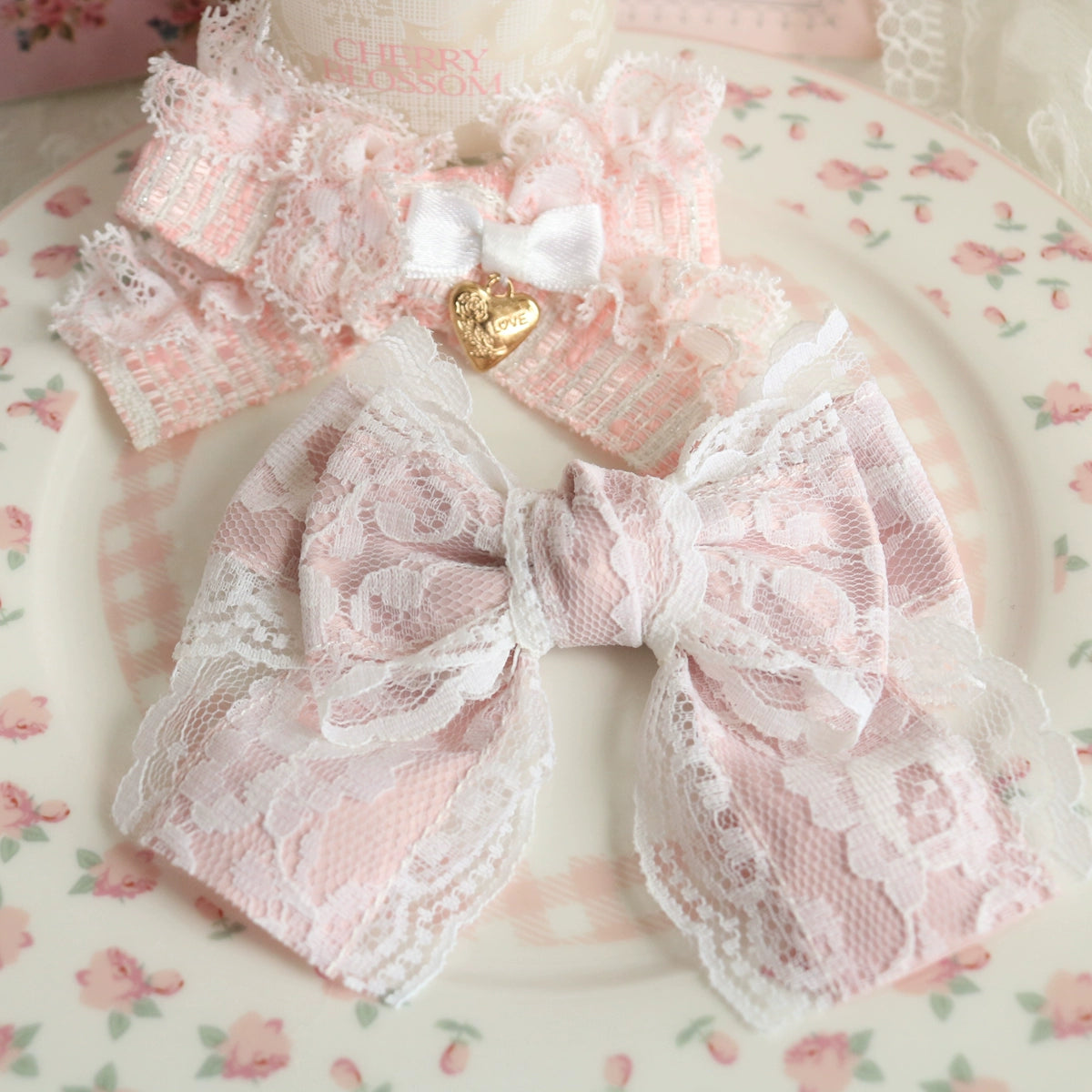 Creamy Bubbles - Sweet Lolita Hair Clip Pink Lace Bow Hair Clip and Brooch Handmade