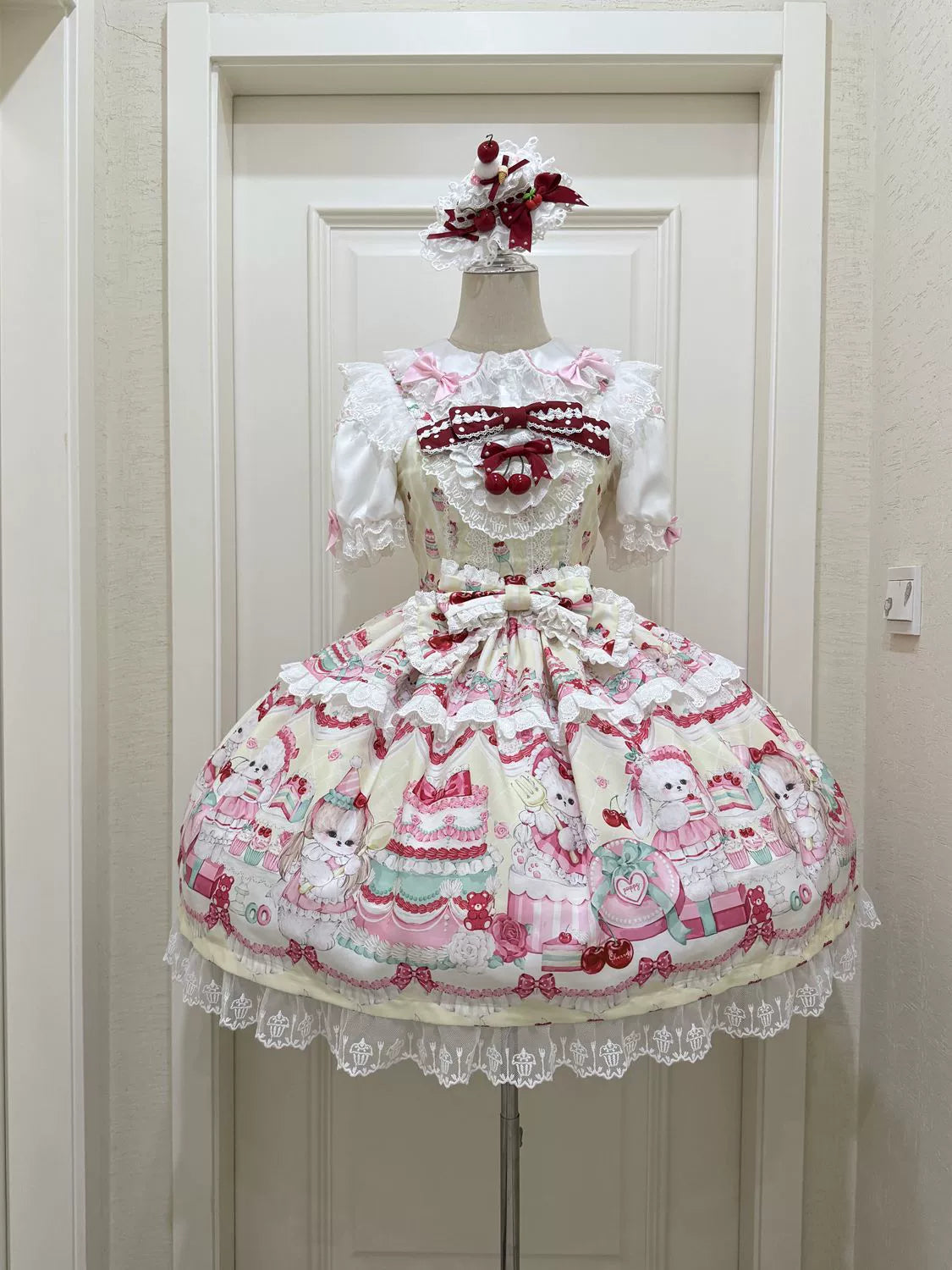 Hanguliang - Cherry Bake Song - Kawaii Lolita JSK Dress With Dessert Print & Cherry Bow Yellow JSK Only S