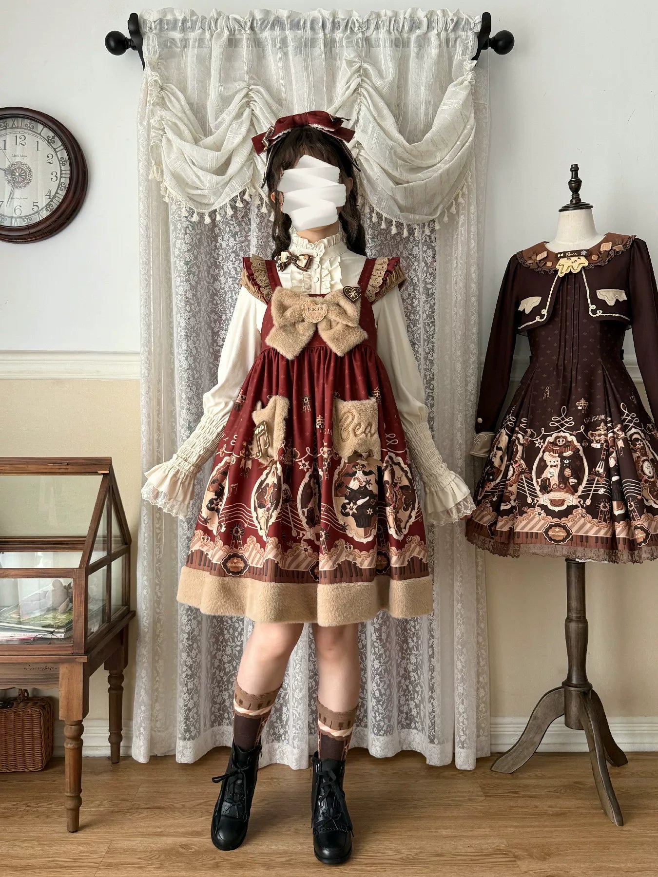 Cream Bear - Print Kawaii Lolita Fake Two-Piece OP, A-lined JSK Dress 44502:811673
