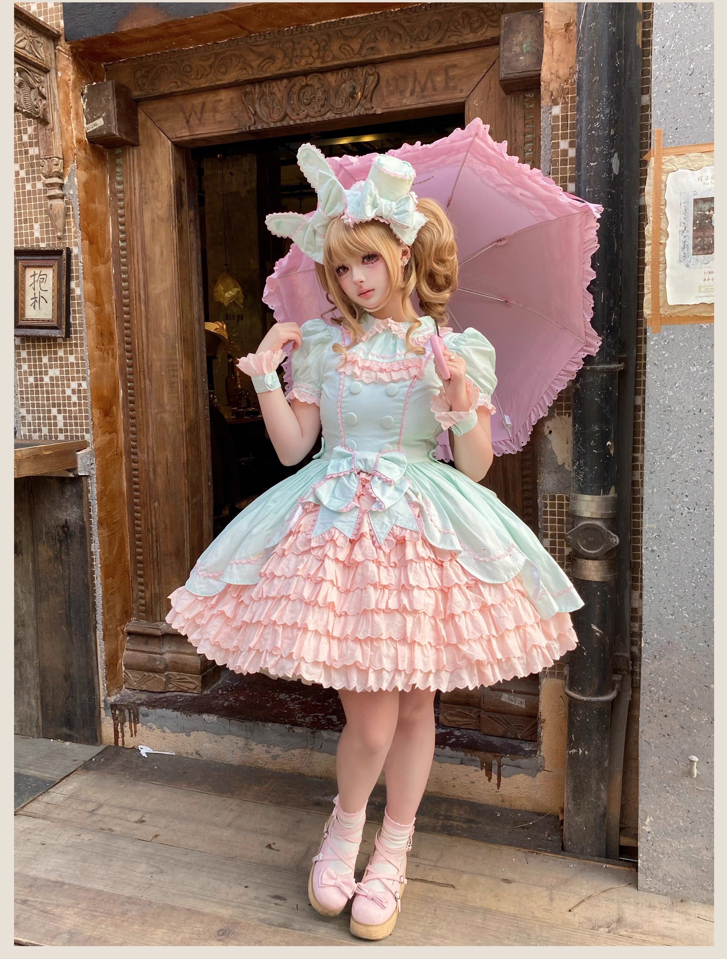 TaTaTa Lolita - Melon Parfait - Old School Lolita OP Suit Pink-Green Sweet Dress OP Only S