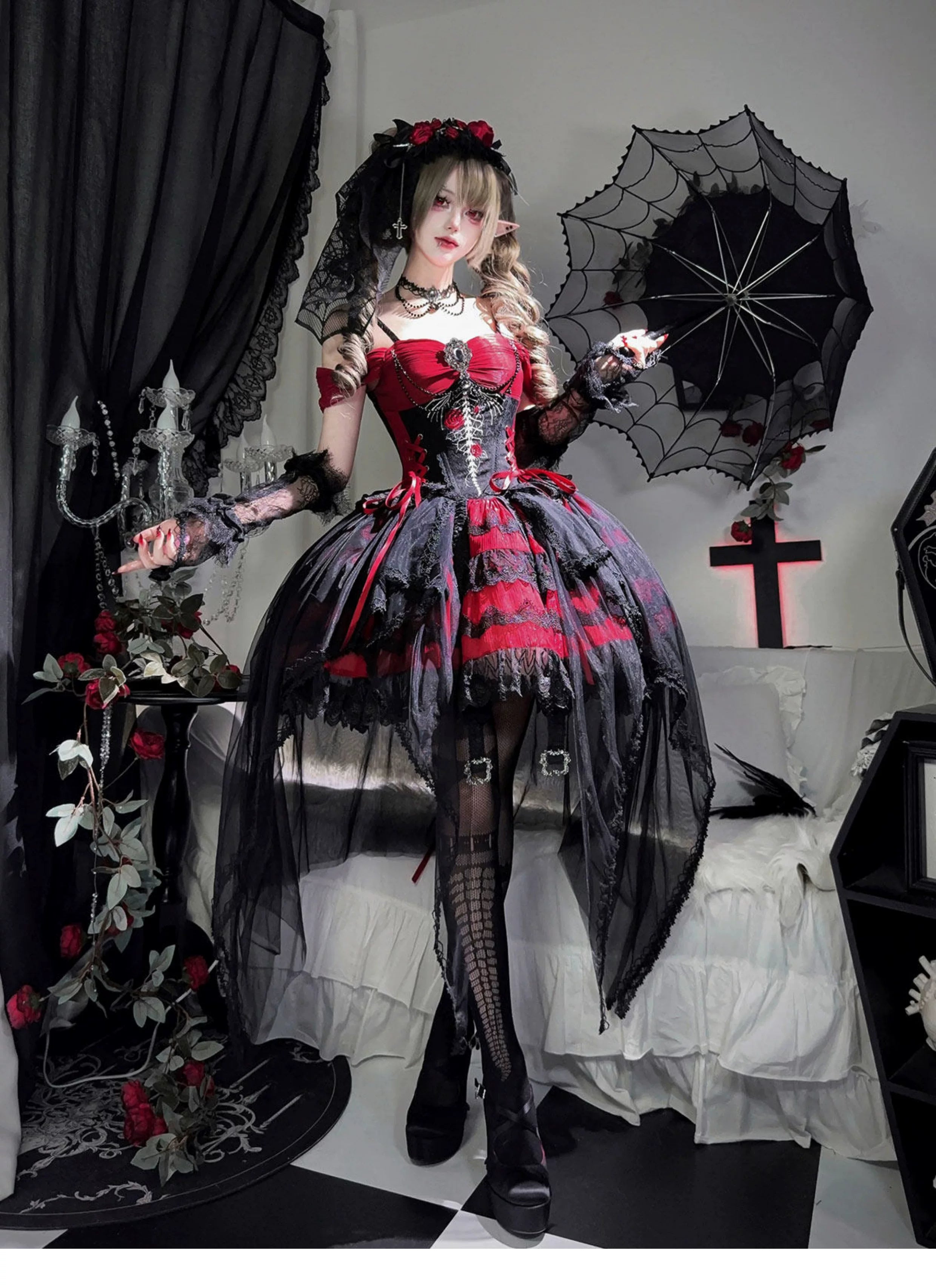 Eternal Thorn of the Dragonbone - Embroidered Gothic Lolita JSK Dress, Off-Shoulder
