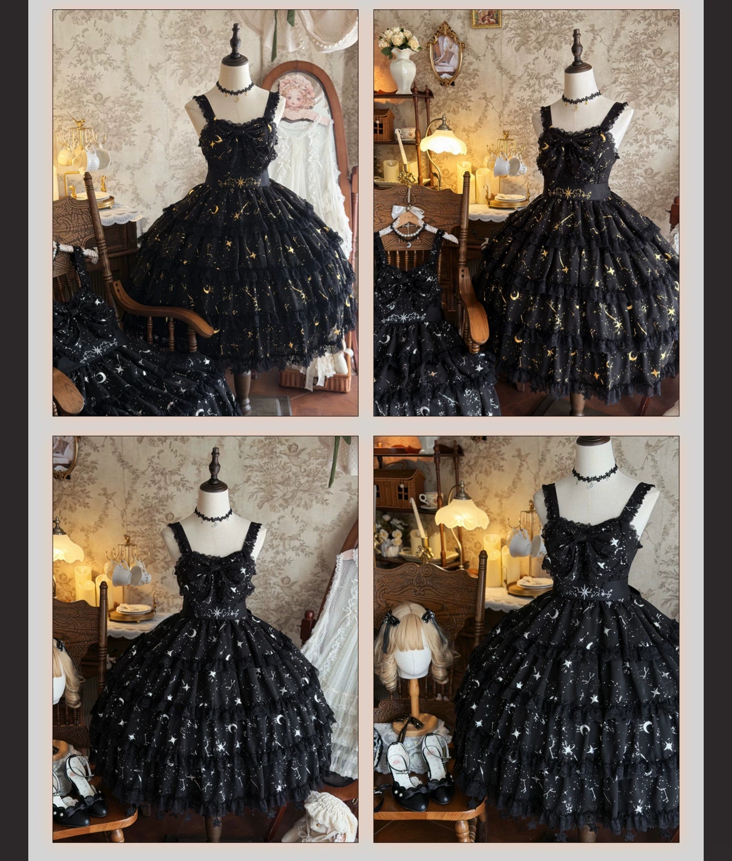 Twin Stars - Classic Lolita Chiffon JSK Dress, Star & Moon Stamping 45764:861313
