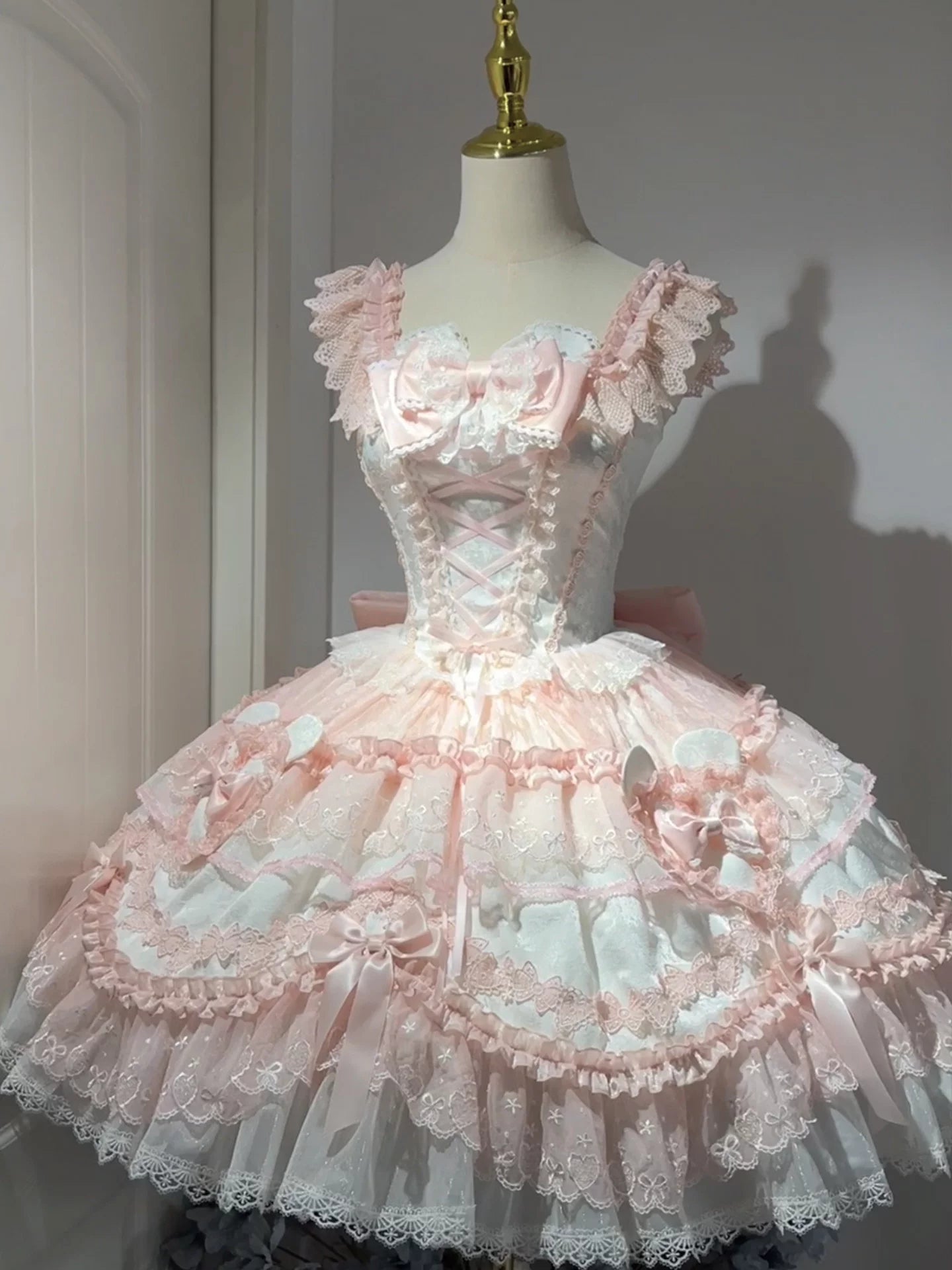 Heart Bear - Sweet Lolita Jacquard JSK Dress, Layered Lace JSK Only S