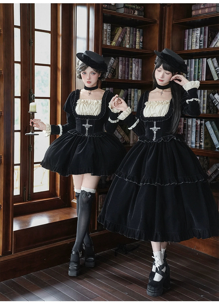 With PUJI - Apocalypse - Gothic Lolita Velvet OP Dress Set, Fishbone Waist 44128:797098