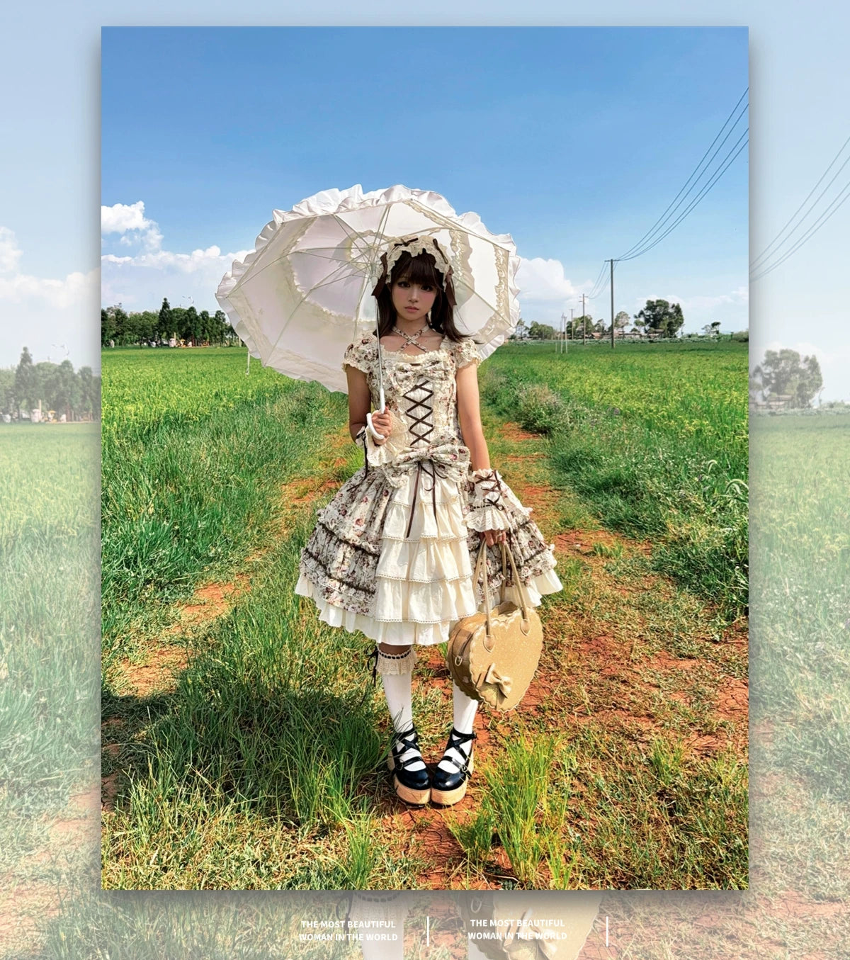 Old Rose Garden - Cotton Old School Lolita Top & Skirt Set, Floral Print 45886:866542