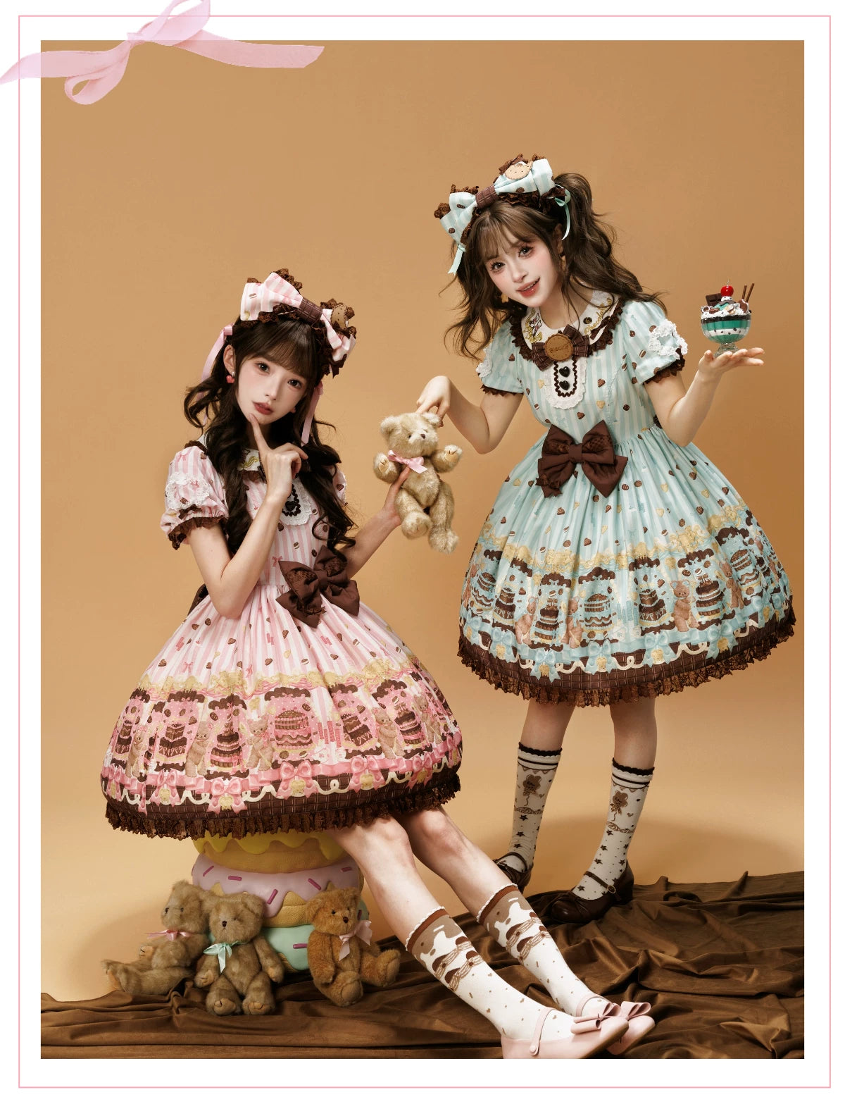Cake Bear - Sweet Lolita Embroidered Collar Dress, Bear and Cake Print