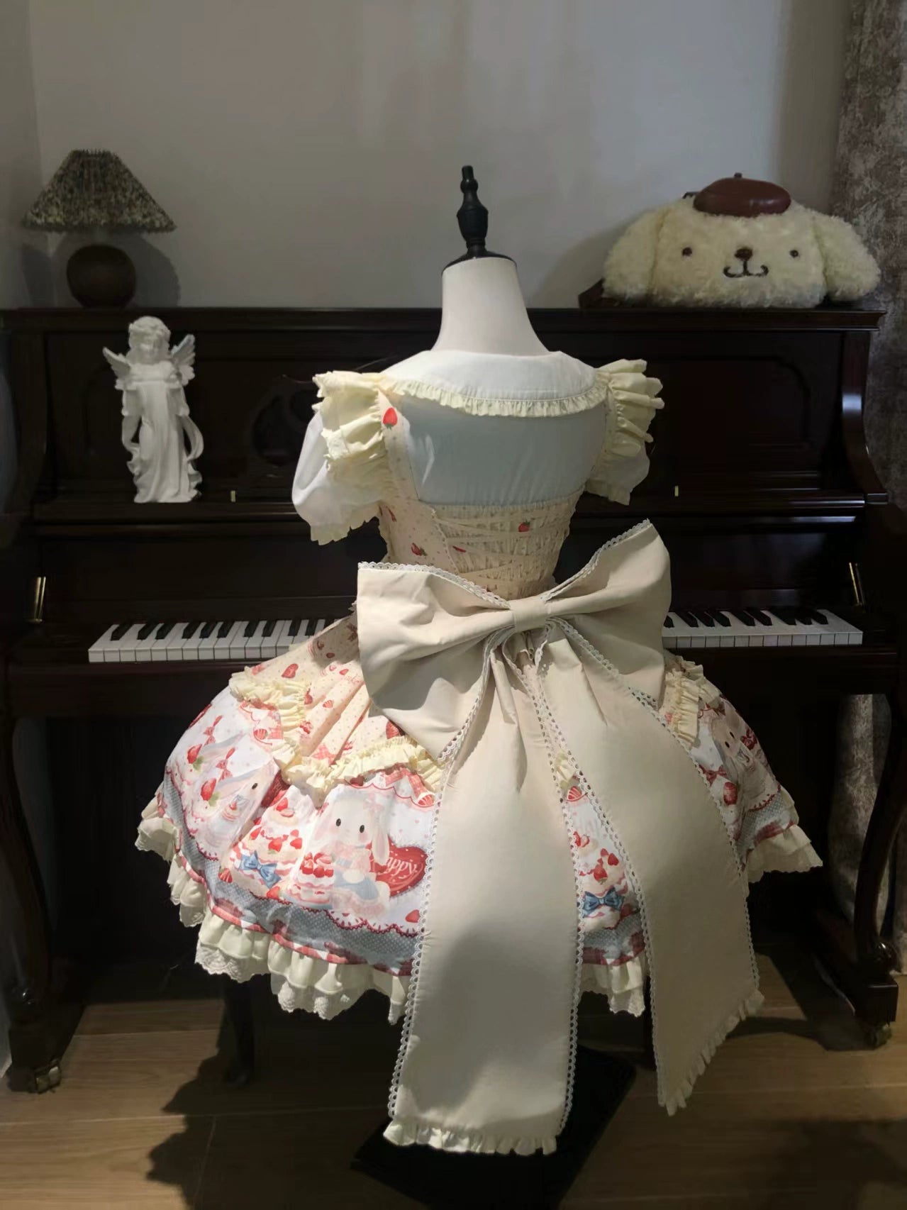 Sweet Dreamland - Bunny Party - Printed Sweet Lolita JSK, Bow Trailing Yellow Trailing Only S