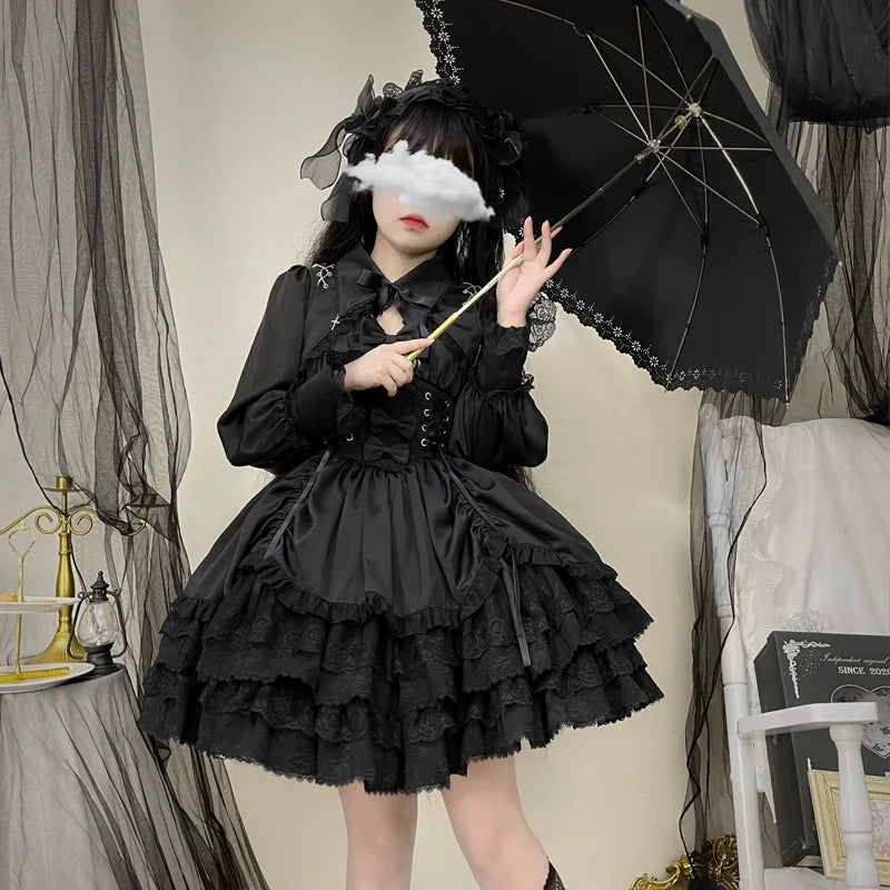 Hanguliang - Cross Medal - Black Gothic Lolita JSK, Tiered Skirt 44239:799553