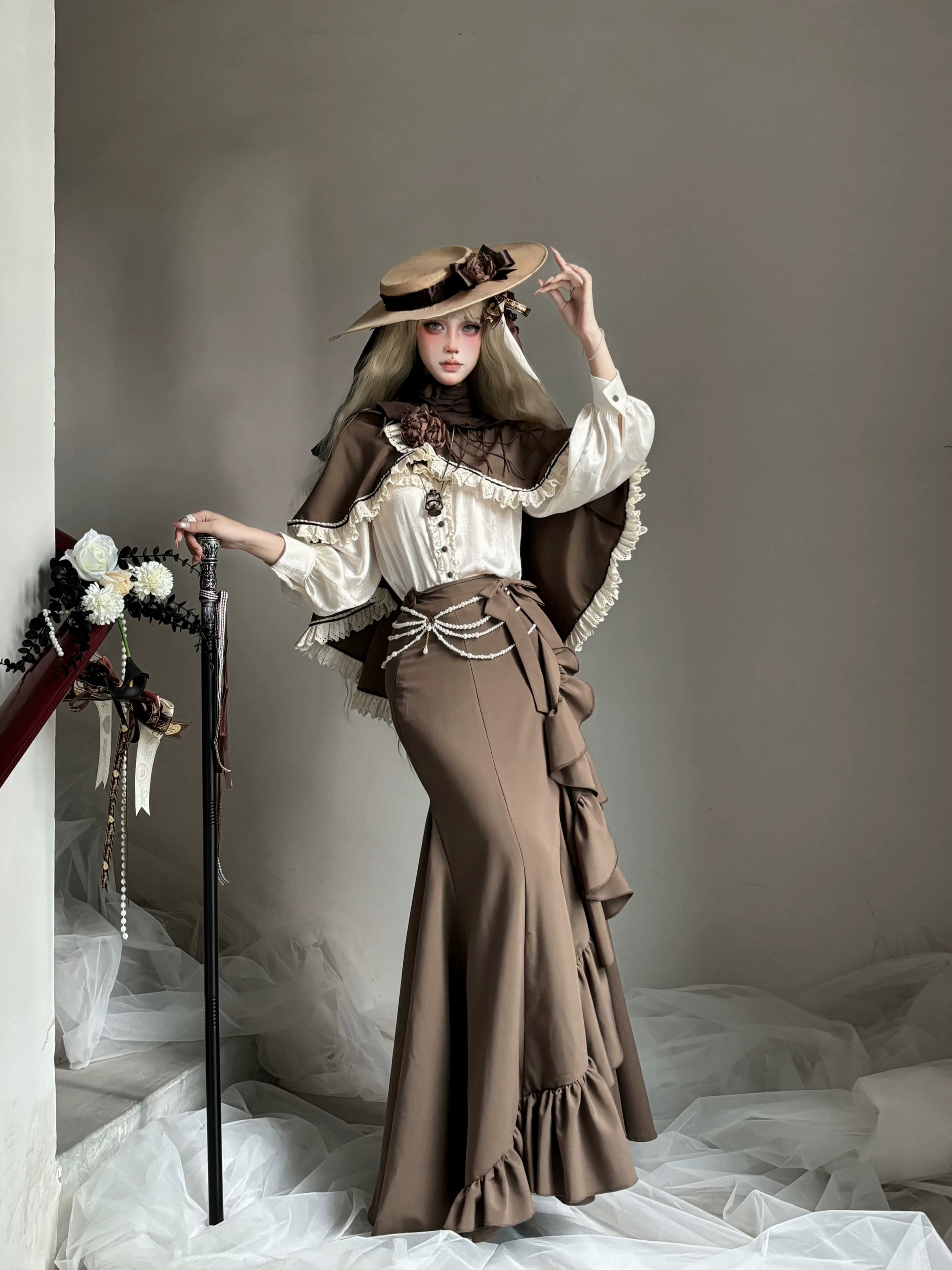 Muyu Handmade Studio - Evening Whispers of London - Brown Classic Lolita OP Dress, Mermaid Skirt Outfit 43993:791962