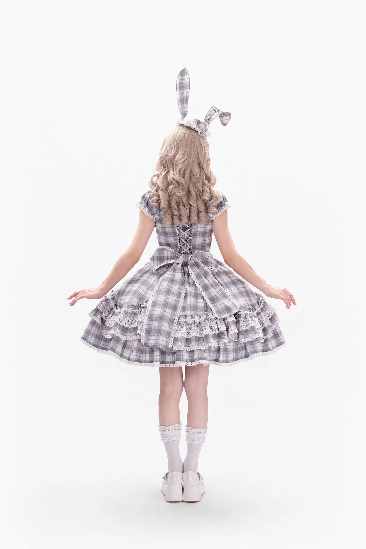 Plaid Lace Bunny - Old School Lolita Plaid OP Dress, Lace Trim 45992:871298