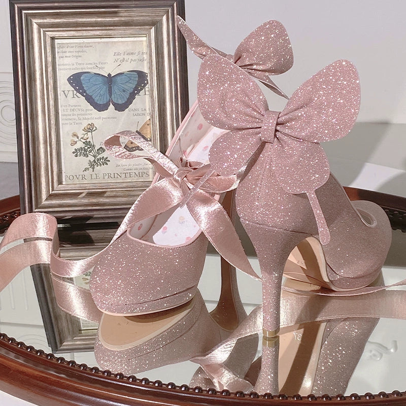 Pure Tea For Dream - Butterfly Specimen - Shiny Ballet Lolita Shoes Sweet Lolita Platform Heels 34 Shiny Pink