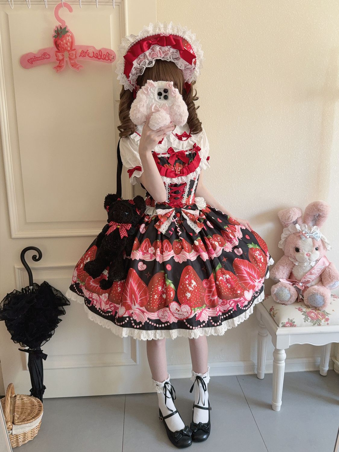 Hanguliang - Strawberry Tale - Sweet Lolita JSK Strawberry Printed Dress Black JSK only S