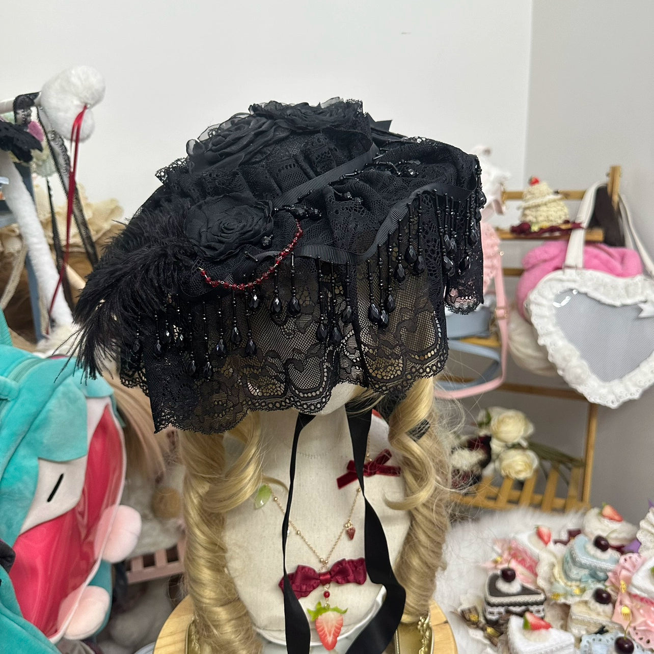 Chestnut Lolita - Gothic Lolita Hat Widow Hat Black Headdress Small hat+ beads (short lace)