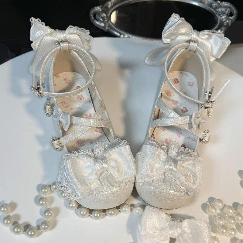 Cloud Satin Dream - Sweet Lolita Shoes, Ribbon Bows & Round Toe