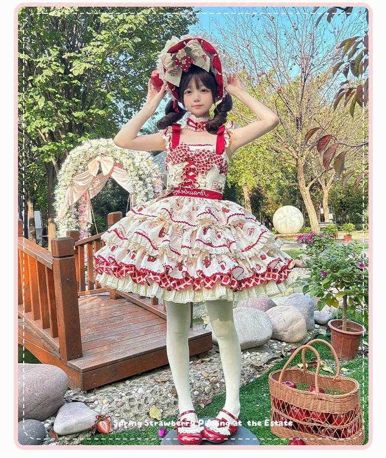 Strawberry Garden - Sweet Lolita JSK & OP Dress, Strawberry Print 44455:810000