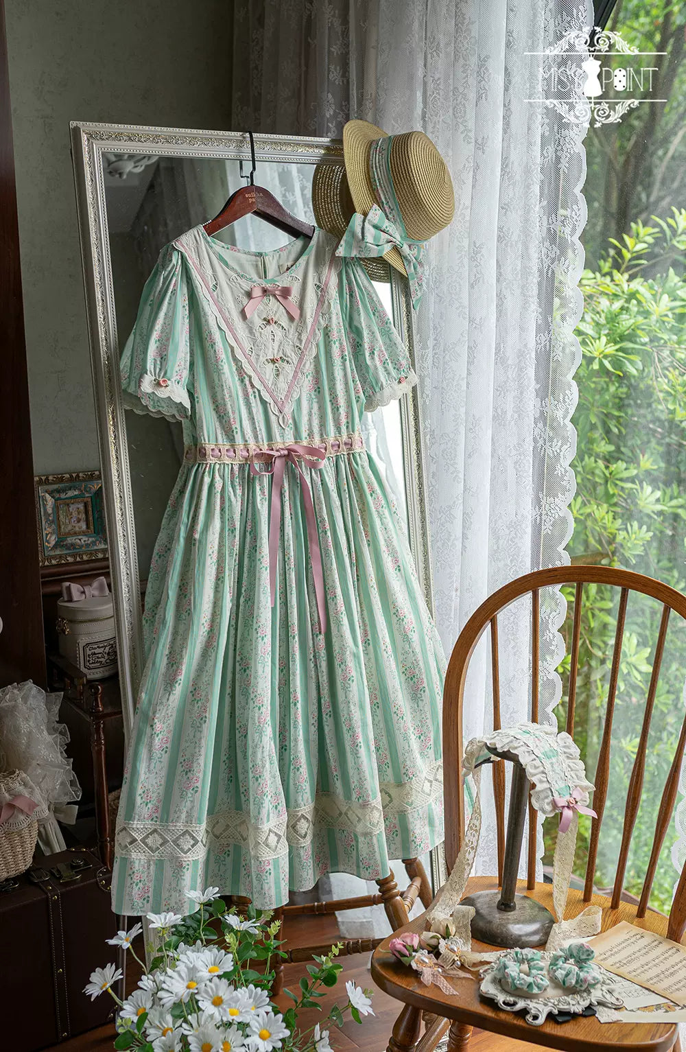 Miss Point - Happy Summer Elegant Lolita Floral OP Dress XS green stripe long OP