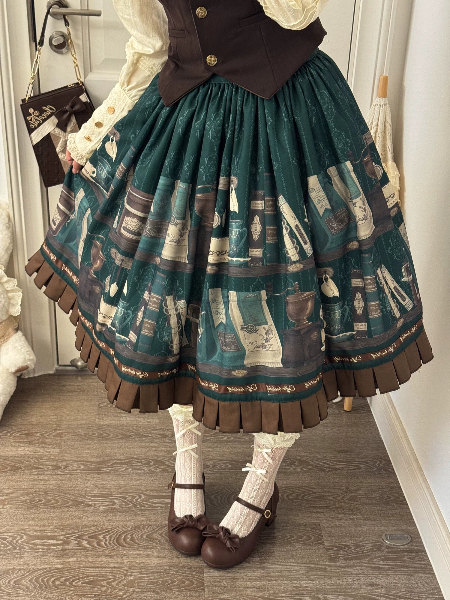 Coffee Bookshelf - Classic Lolita JSK and SK Set, Coffee Cup and Book Print (L M S XL) 45611:856189