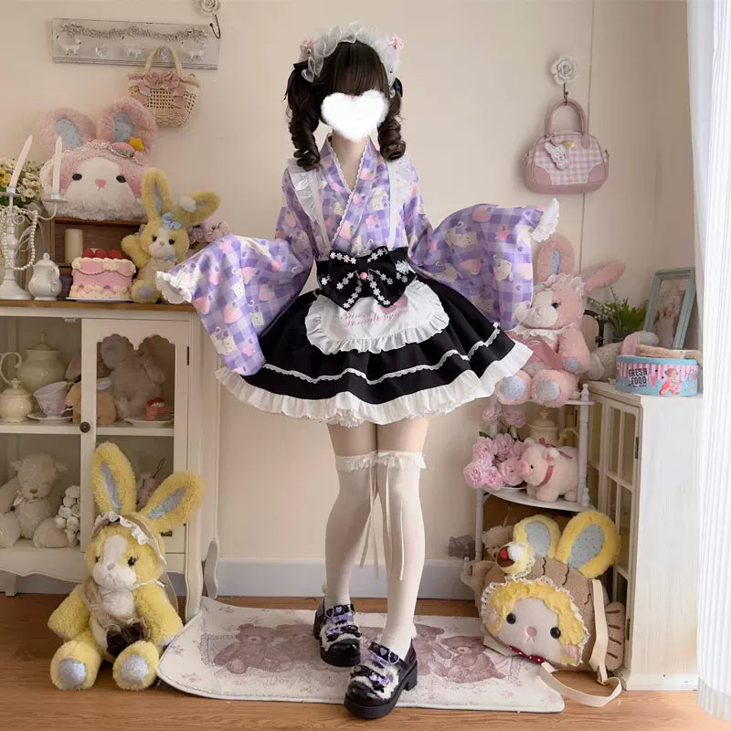 Hanguliang - Han Lolita OP Dress Japanese Style Dress for Summer Wear Purple (top + skirt + apron + waistband bow) S