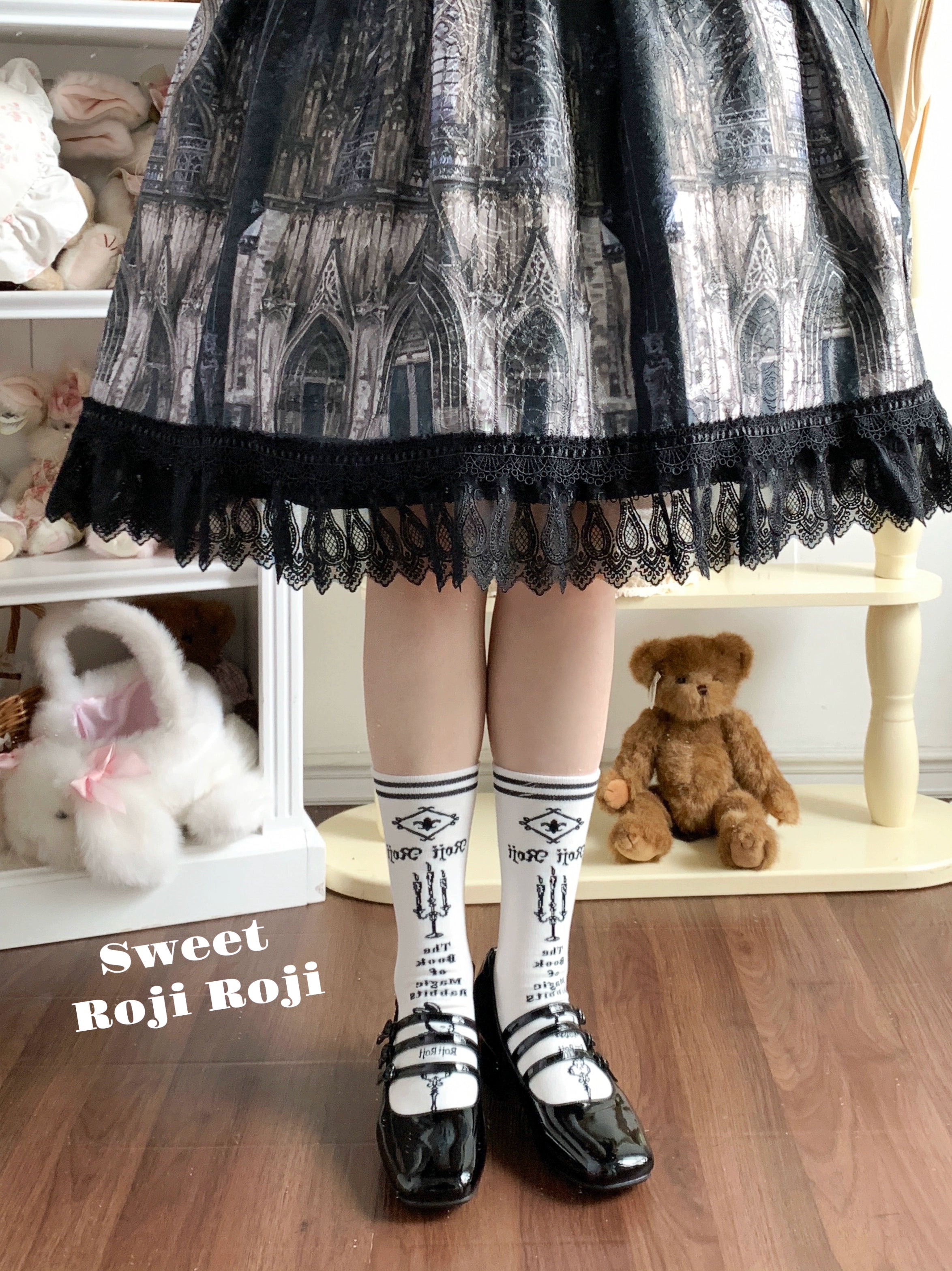 Roji Roji - Printed Cotton Sweet Lolita Calf Socks (White) 44320:804791