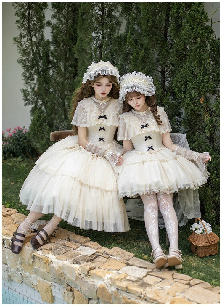 White Mist Promise - Classic Lolita Corset OP Set, Edwardian Collar & Tiered Hem 45173:838312