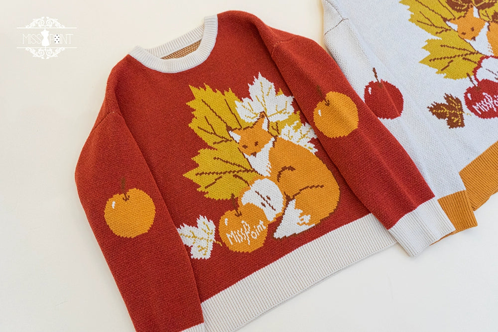 Miss Point - Fat Fox in the Forest - Kawaii Lolita Sweater Customized Winter Lolita Couple Outfit (L S / Red) 37102:550988