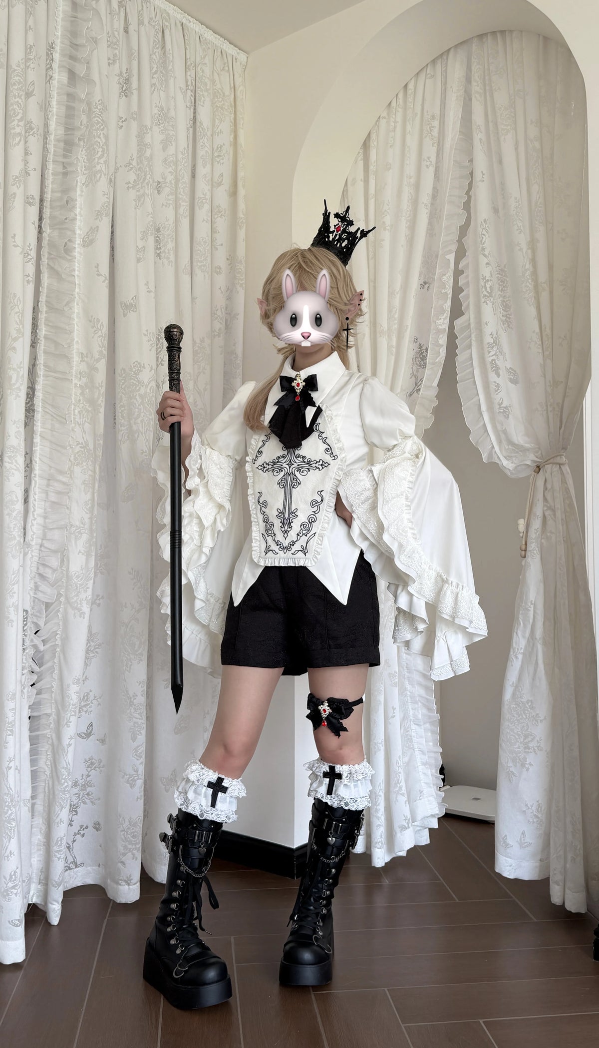 Sloth of Seven Deadly Sins - Ouji Lolita Hime Sleeve Blouse & Shorts Set, Cross Embroidery