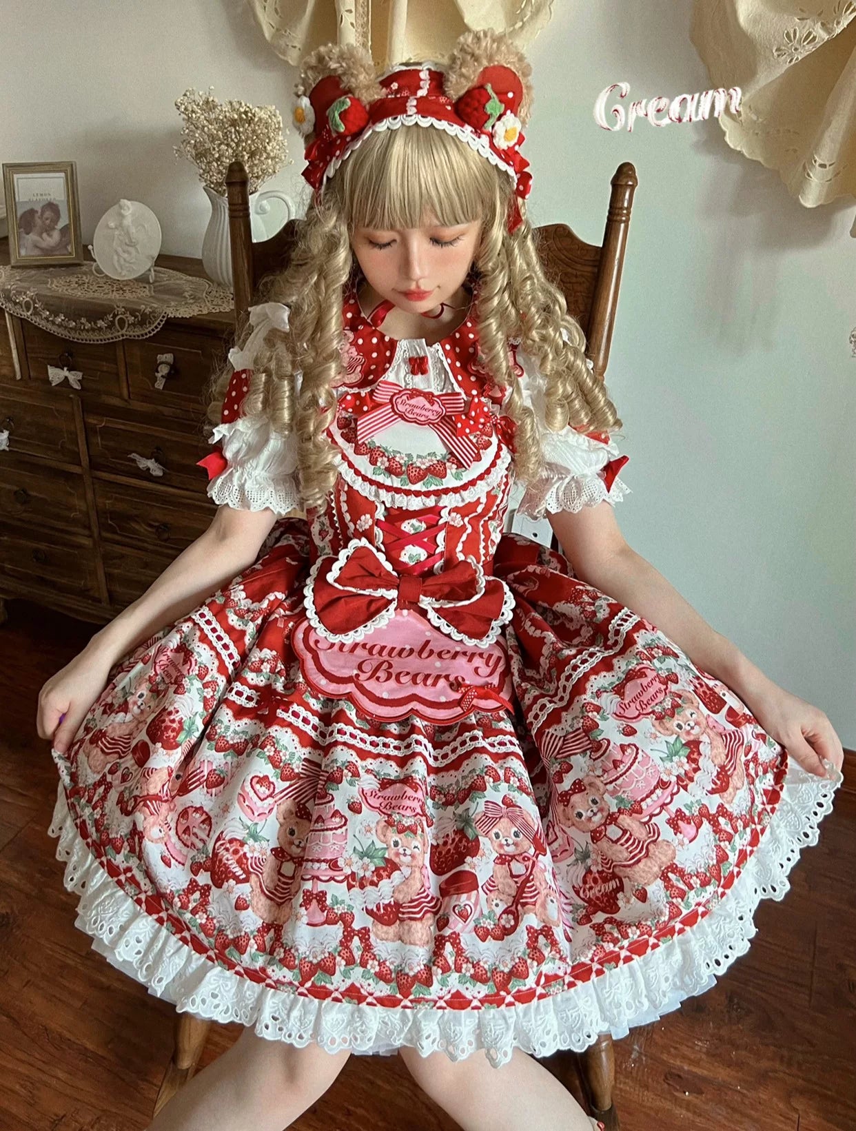 Strawberry and Bear - Printed Sweet Lolita JSK Dress, Heart Shaped Collar Shirt